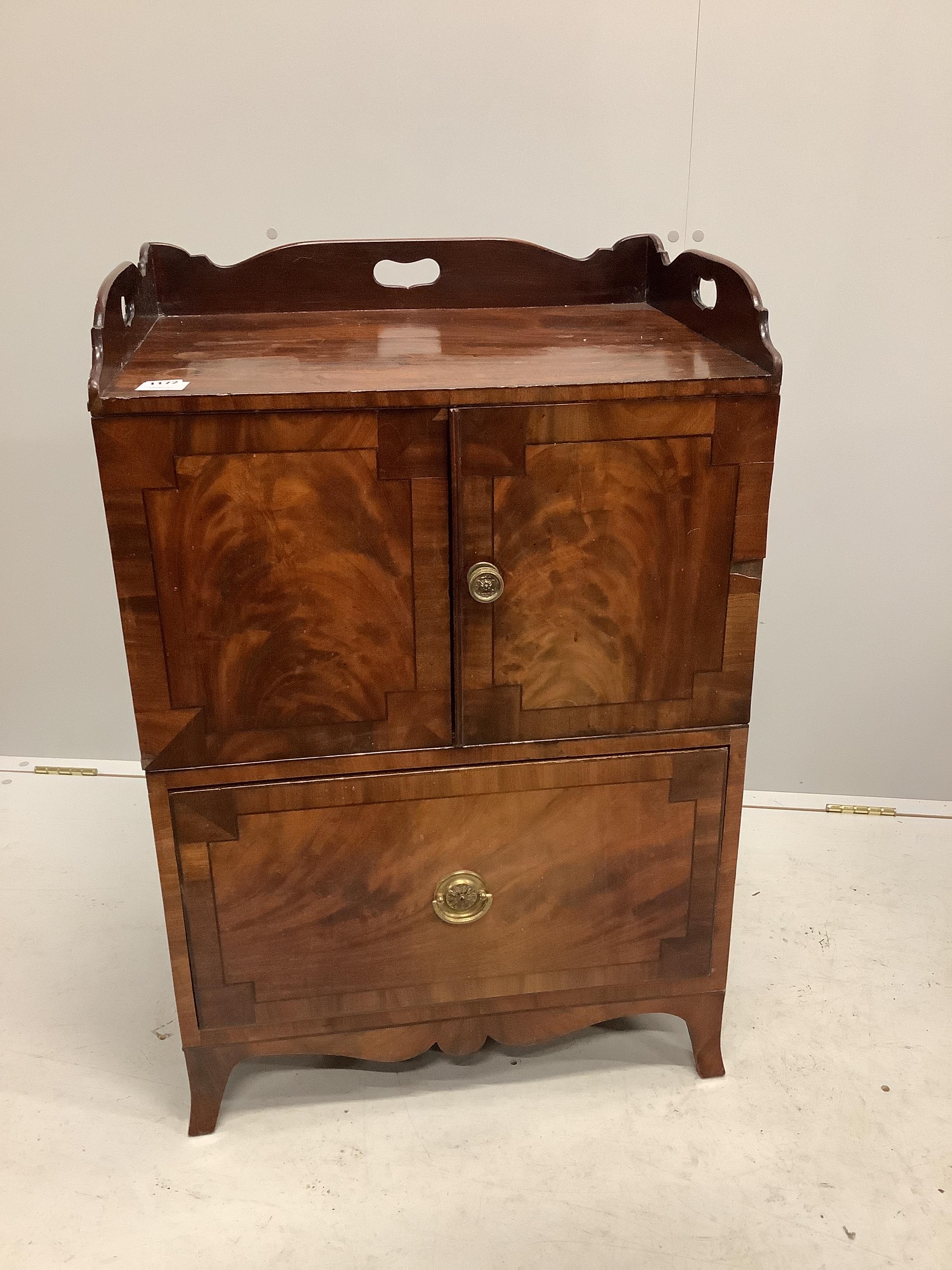 A George III mahogany tray top commode, width 60cm, depth 44cm, height 91cm